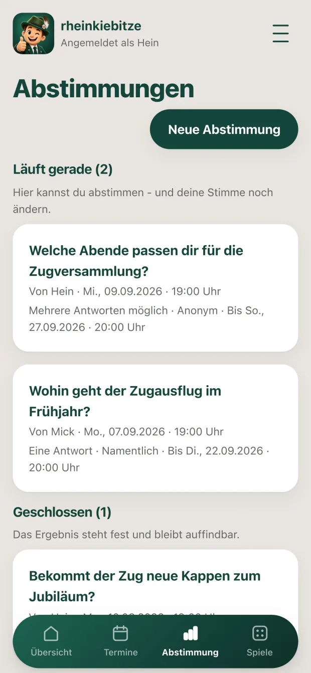 Abstimmungen: zwei laufende Fragen zu Zugversammlung und Zugausflug, dazu eine geschlossene.