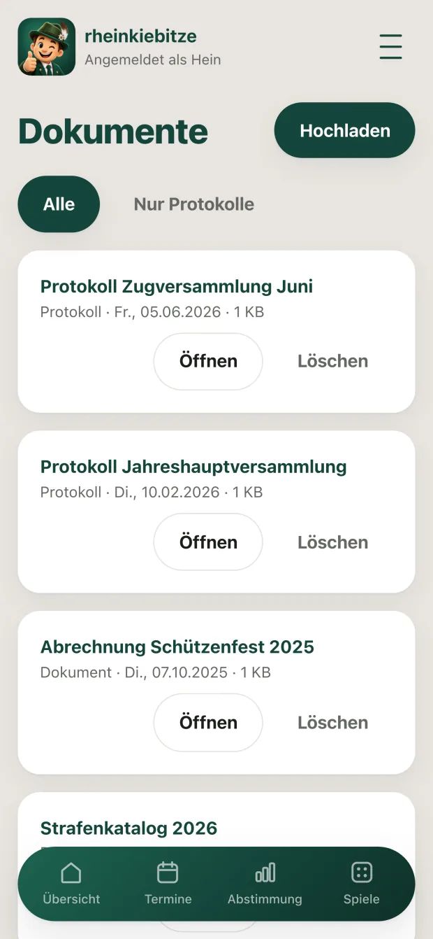 Die Dokumentenliste: Protokolle und Abrechnungen mit Datum
                      und Dateigröße, je mit den Knöpfen „Öffnen“ und „Löschen“.