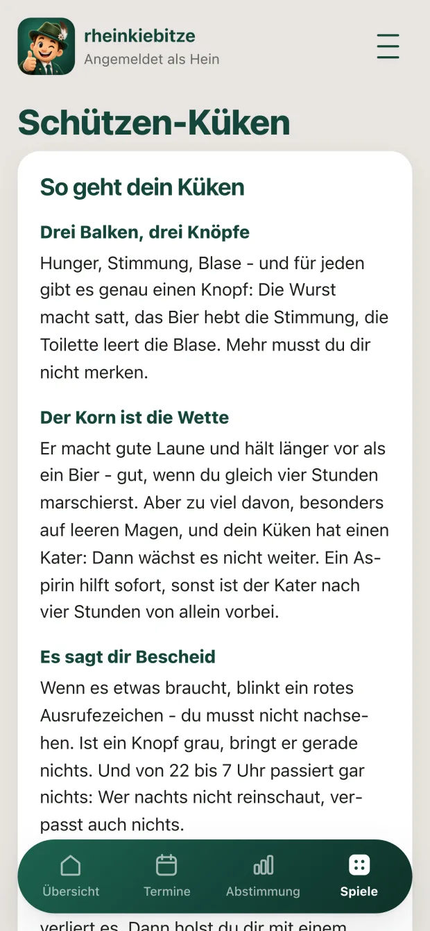 Das Schützen-Küken: ein gezeichnetes Küken auf einem
                      Spielgerät mit den Balken für Hunger, Stimmung und Blase
                      und vier Knöpfen zum Füttern und Versorgen.