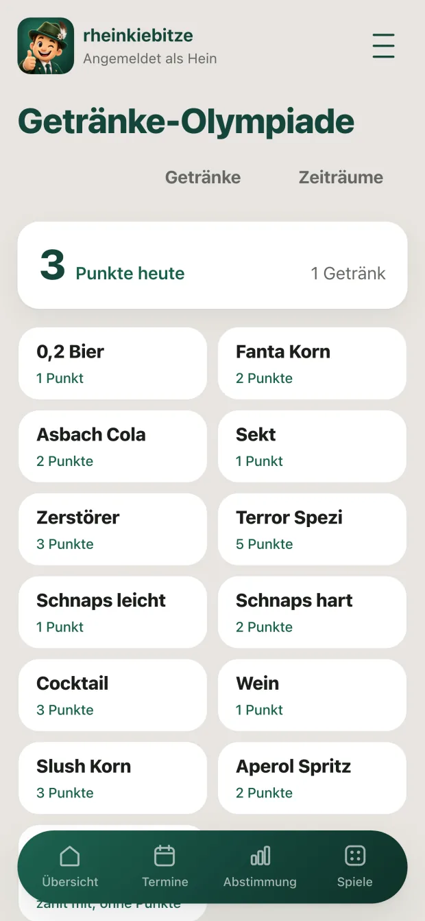Die Getränke-Olympiade: eine Kachel je Getränk mit seiner
                      Punktzahl, von 0,2 Bier für einen Punkt bis Aperol Spritz
                      für drei.