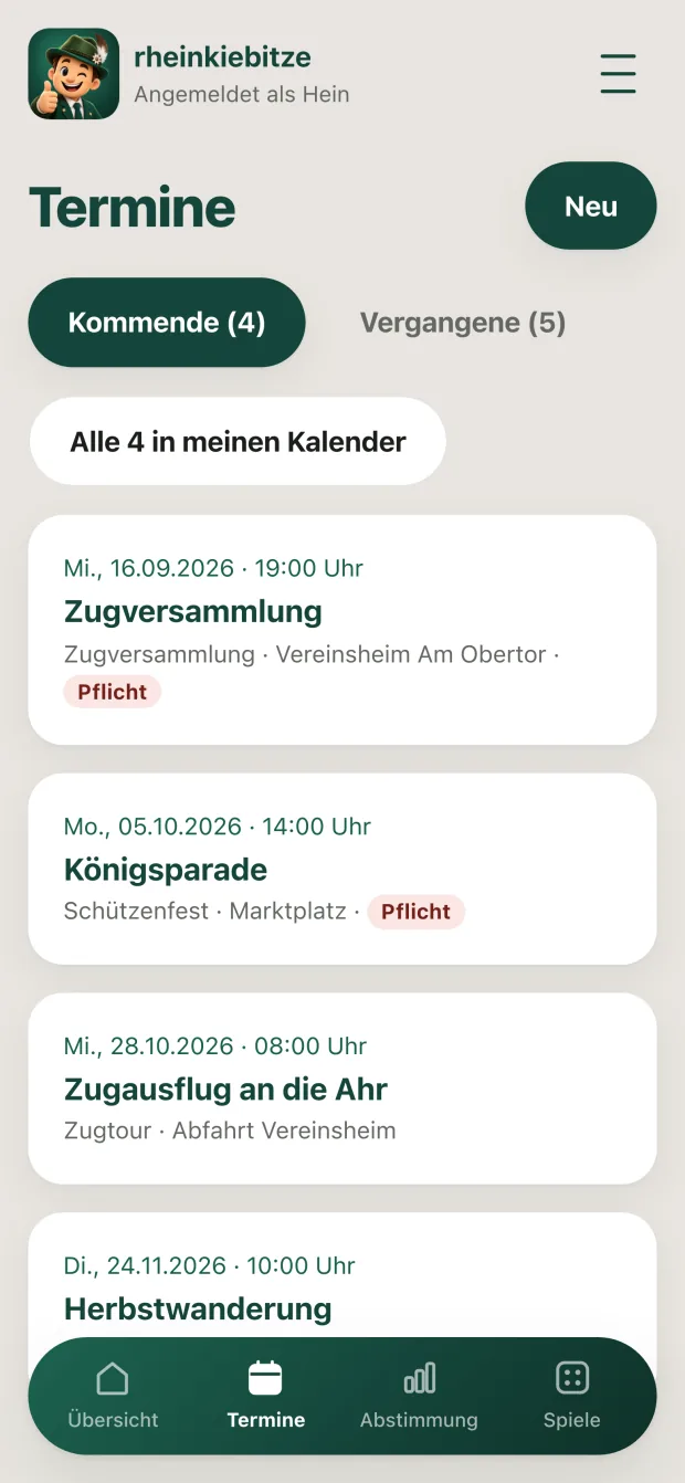 Die Terminliste: vier kommende Termine mit Datum und Uhrzeit,
                      zwei davon mit rotem Hinweis „Pflicht“.